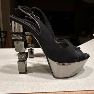 Vintage Baldinini Black and Chrome Crystal Embellished Statement Heels sz 37